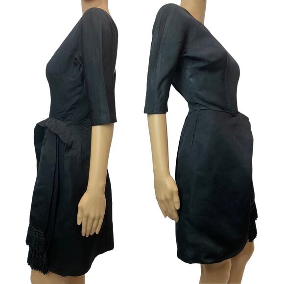 60s Black Cocktail Dress | Mid Century MOD Sash Fringe Accent  XS - Picture 6 of 9